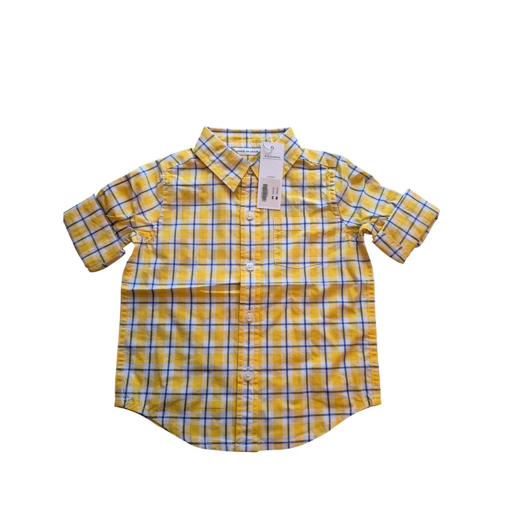 Janie and Jack Plaid Button Down Shirt - Boys Short‎ Sleeve Yellow Blue